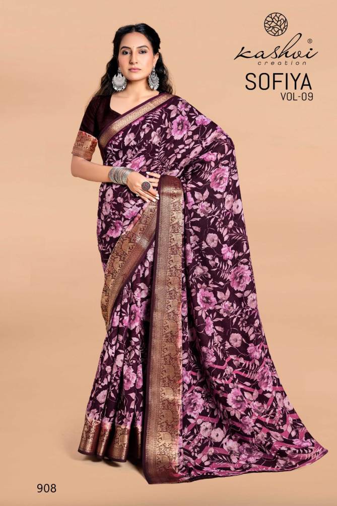 Sofiya Vol 9 By Kashvi Moss Zari Border Printed Saree Wholesale Shop In Surat